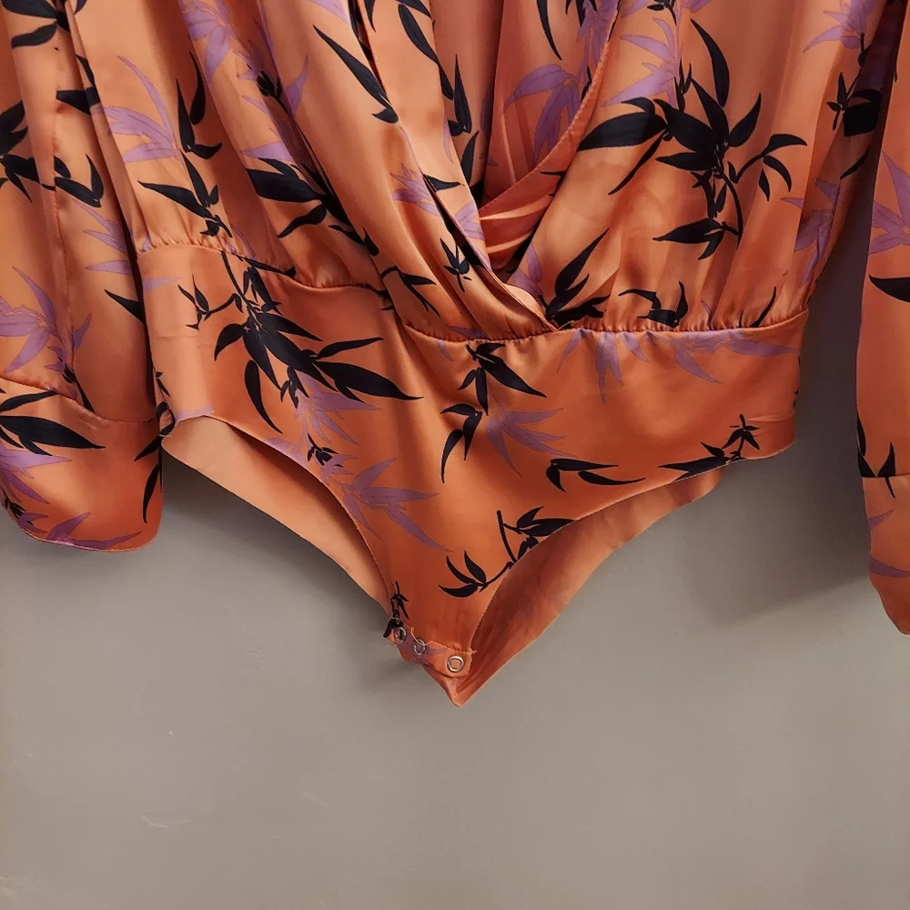 ZARA Orange Floral Long Sleeve Silky Feel Bodysuit M - Picture 5 of 16